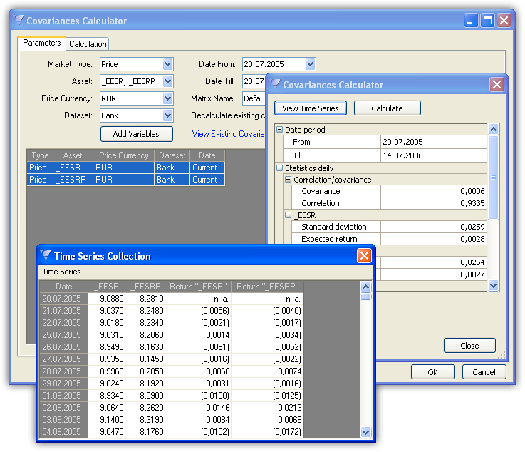 Calculation of covariances and volatilities of market variables